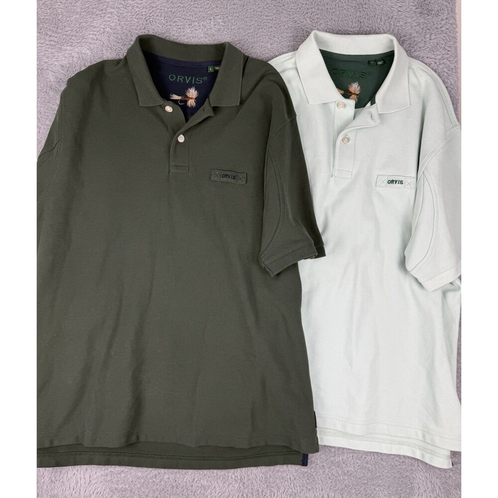 Orvis Signature Short Sleeve Polo Shirt Men's L 100% heavy Cotton Green Lot Of 2